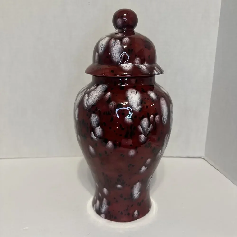 Handmade‎ Red White Drip Glaze Ceramic Ginger Jar Vase with Lid 13.5